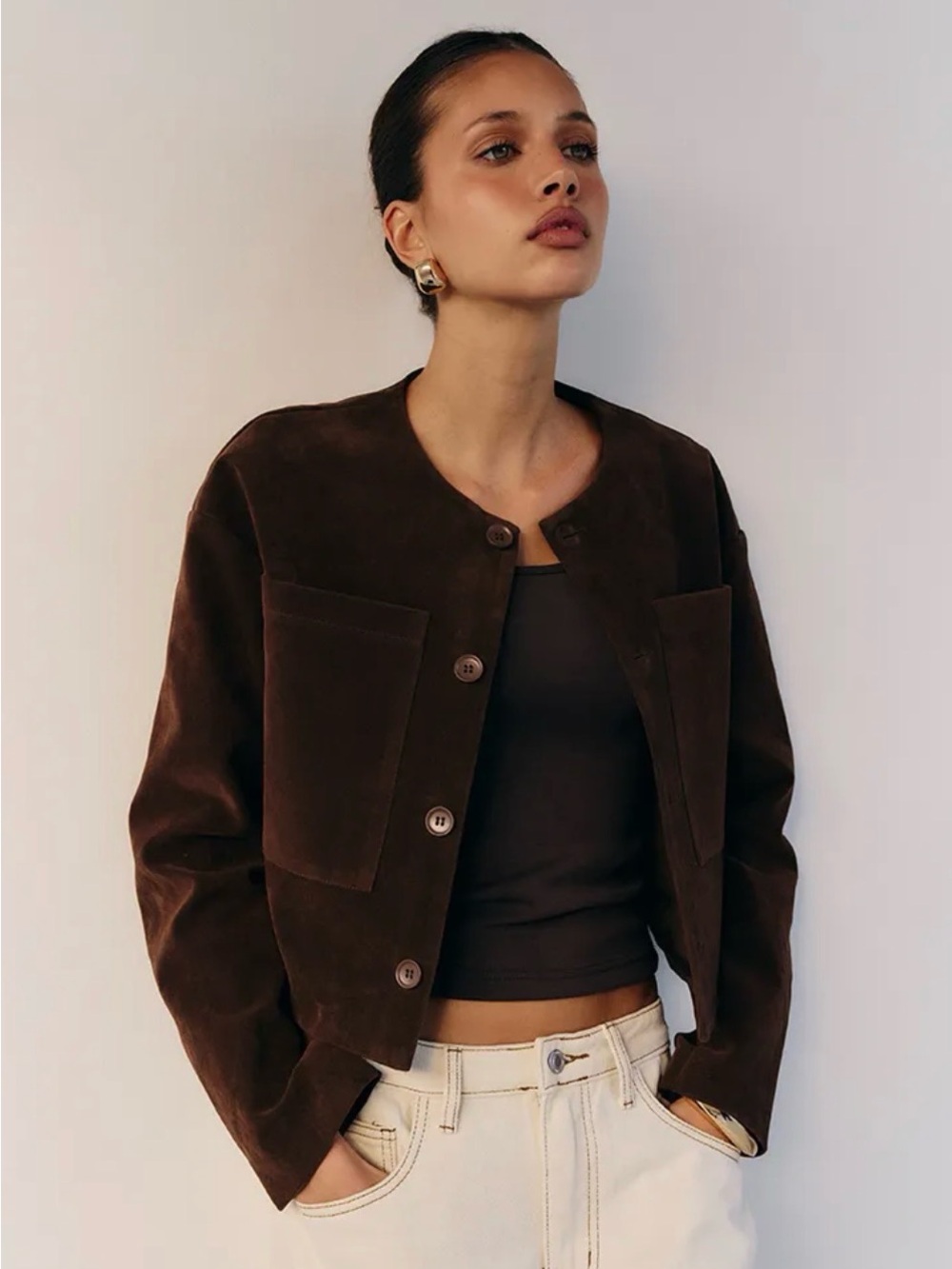 Pretty Little Thing
Brown Suede Look Boxy Button Up Jacket